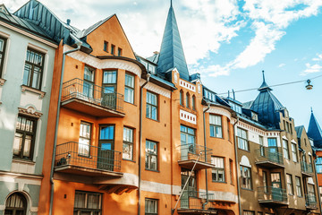 Multicolored facades of buildings in Helsinki, the capital of Finland, the traditional Scandinavian...