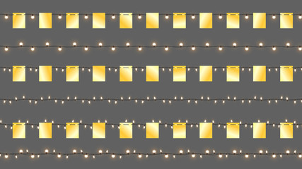 Realistic Vector Cristmas Garlands. Isolated Garlands With Golden Flags And Shiny Lamps. Vector Template With Light Effect For Christmas Design