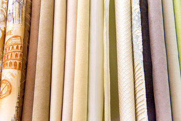 Rolls of fabric and textiles in a shop or store