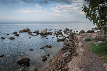 Fototapeta na wymiar Stones on shore of the Baltic Sea. Top view. Boulders at the coast of Kasmu (captain's village), Estonia.