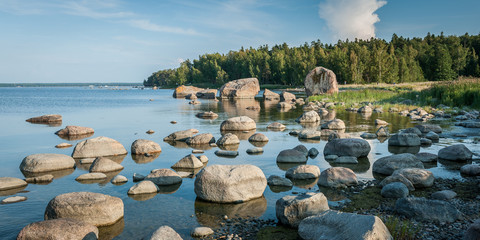 Boulders on the Gulf of Finland shore near Kasmu village in northern Estonia. Classic Baltic seascape. Sunny. Copy space. Panoramic view.