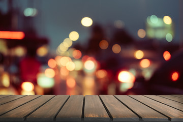 Empty wooden table with Blur Background, for your photo montage. Space for placing items on the table, Mock up for display of product.