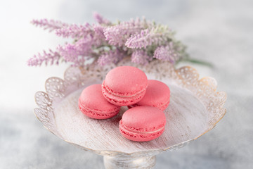 Pink macaroons on a vintage plate and flowers. Pastel colored.