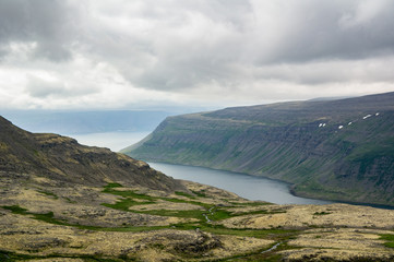 Dramatic landscape of Westfjords in Iceland in cloudy weather
