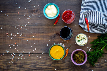 Ingredients for dishes. Dip sause, dressing. Ketchup, mayonnaise, mustard, soy sauce, barbecue...