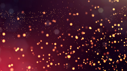 Fototapeta na wymiar 3d render of abstract golden red composition with depth of field and glowing particles in dark with bokeh effects. Science fiction microcosm or macro world or abstract Christmas garlands in the air.12