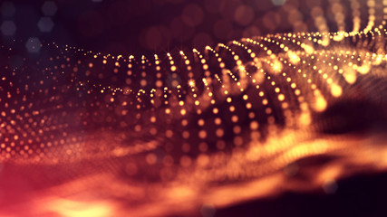 Fototapeta premium 3d render of abstract golden red composition with depth of field and glowing particles in dark with bokeh effects. Science fiction microcosm or macro world or abstract Christmas garlands in the air.24
