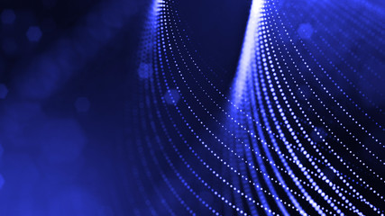 3d render of abstract blue composition with depth of field and glowing particles in dark with bokeh effects. Science fiction microcosm or macro world or abstract Christmas garlands in the air. 30