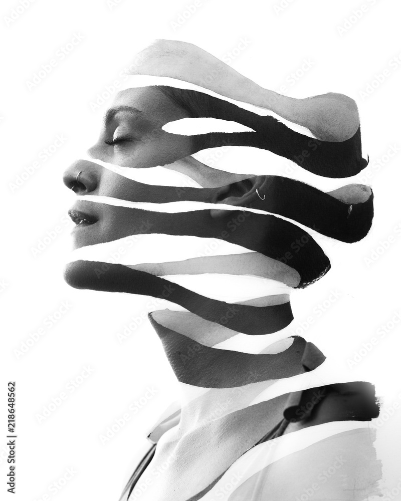 Wall mural Paintography. Double Exposure portrait of a serene woman's profile combined with hand drawn ink painting, black and white