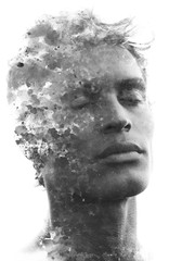Paintography. Double expsoure portrait of an attractive sexy model combined with hand drawn ink painting with depth and texture