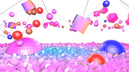 3d render of abstract geometric background with modern gradient colors in low poly style. 3d surface with nice blue red gradient and with grid.