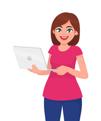 Young woman holding laptop computer against white background. Vector illustration in cartoon style.