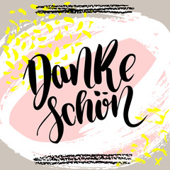 Danke schoen. Thank you in german.  hand drawn brush lettering on colorful background.