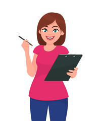 Young woman holding clipboard and showing pen. Vector illustration in cartoon style.