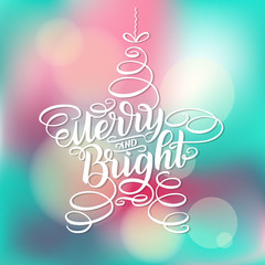 Merry and Bright New Year Lettering in form of star tree toy, Greeting Card design circle text frame isolated on white. illustration. Christmas tree toy, Sign Painting