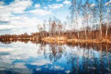 A beautiful autumn landscape, a pond in the forest, the trees are reflected in the water, an image with retro toning