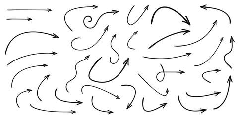 Set of vector curved arrows hand drawn. Sketch doodle style. Collection of pointers.