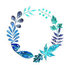 Hand drawn leaves background.  Watercolor leaves illustration. Copy space for design.  Blue and green leaf. Neon colors. Round wreath.