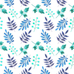 Leaves pattern. Watercolor leaves  illustration. Copy space for design. Blue and green leaf. Neon colors. 