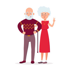 Couple of cute elderly standing together vector flat illustration. Aged lady and old man cartoon characters smiling and having date isolated on white background.