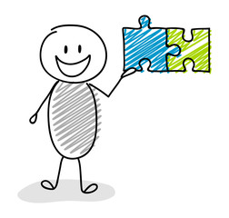 Cartoon stickman holding puzzle (success concept) icon. Vector.