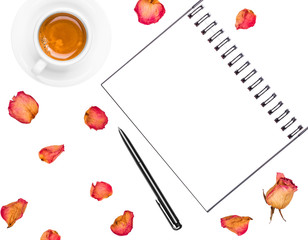 Notepad, pen, coffee cup and dried roses isolated on white background. Flat lay, top view