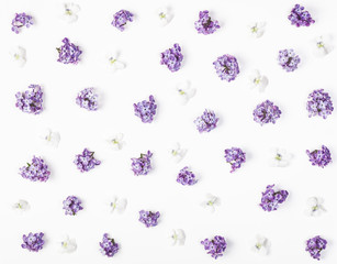 Floral pattern made of spring violet lilac and pansy flowers  isolated on white background. Flat lay. Top view.