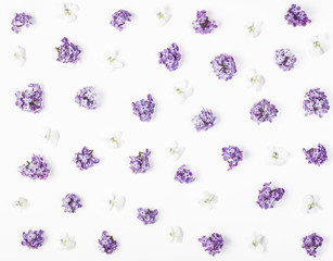 Floral pattern made of spring violet lilac and pansy flowers  isolated on white background. Flat lay. Top view.