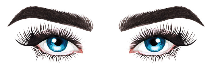 Woman eyes with long eyelashes. Hand drawn watercolor illustration. Eyelashes and eyebrows. Сoncept of eyelash extensions, microblading, mascara,  beauty salon. Blue eyes.