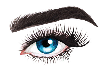 Woman eyes with long eyelashes. Hand drawn watercolor illustration. Eyelashes and eyebrows. Сoncept of eyelash extensions, microblading, mascara,  beauty salon. Blue eyes.