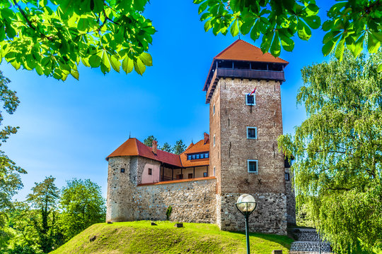 Castle Karlovac Dubovac town. / Scenic view at medieval architecture of old medieval castle landmark in Karlovac, Dubovac old town.