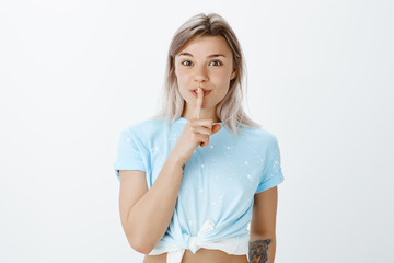 Keep your voice down so we can eavesdrop. Good-looking intrigued feminine female with showrt fair...
