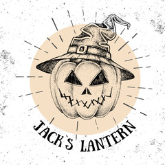 Halloween hand drawn pumpkin Jack`s Lantern vector illustration. Hipster style