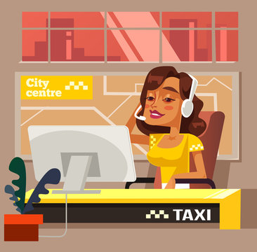 Taxi call center office woman character. Vector flat cartoon illustration