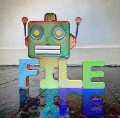 red retro robot head on the word FILE