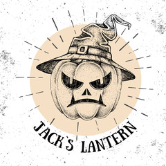 Halloween hand drawn pumpkin Jack`s Lantern vector illustration. Hipster style