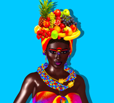 Assorted fruits worn in a modern art hairstyle by a beautiful 3d rendered fashion model, no model release necessary. Colorful, fun modern art beauty and fashion scene.