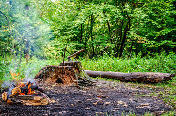 A bonfire against the backdrop of a stump with an ax and firewood harvested under it.
