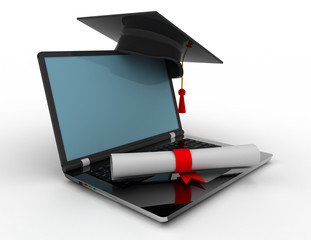 laptop with graduation cap . 3d rendered illustration