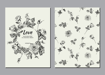 Vector vintage set of greeting card with roses. Hand drawn graphic template for birthday, business, anniversary, wedding, party invitation, holidays.