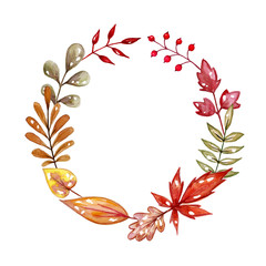 Hand drawn autumn leaves background.  Watercolor leaves. Autumn illustration. Copy space for design. 