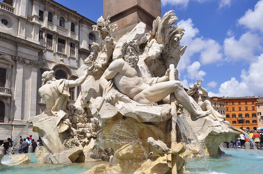 Fountain of Four Rivers (Fontana dei Quattro Fiumi) on Navona square, Rome, Italy