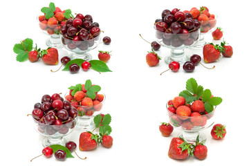 juicy cherries and strawberries in glass bowls on white background