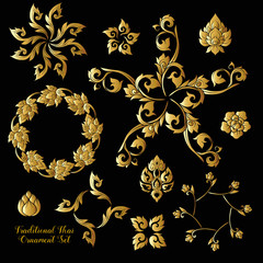 Set of gold decorative elements of traditional Thai ornament. 