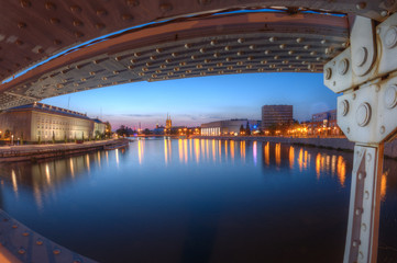 View from the Grunwaldzki Bridge to Wrocław in the evening.