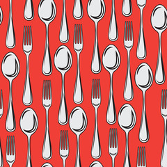 A seamless pattern, cutlery of a spoon with a fork on a red background