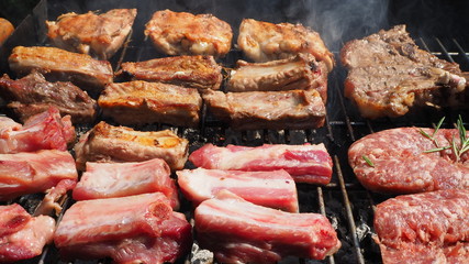 Roasted Juicy meat cooked over the coals on a barbecue