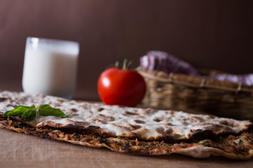 Turkish traditional food lahmacun and ayran