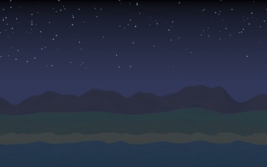 Starry moonless sky. Ocean shore line with waves on a beach. Island beach paradise with waves. Vacation, summer, relaxation. Seascape, seashore. Minimalist landscape, primitivism. 3D illustration