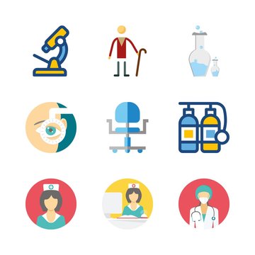 Hospital Vector Icons Set. Ophthalmology, Oxygen Tank, Nurse And Surgeon In This Set